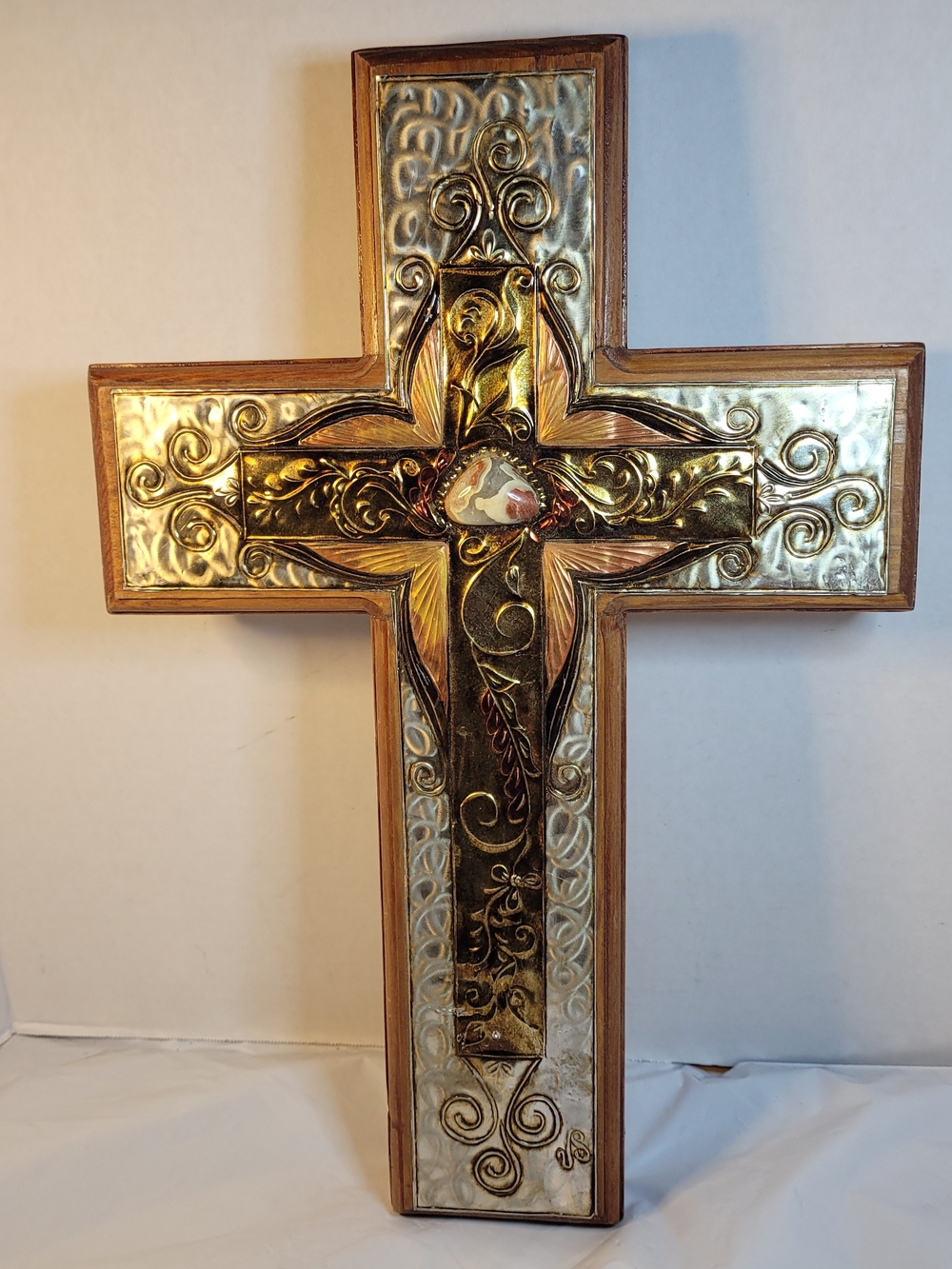 VTG Veronica Sandoval SIGNED Metal Folk Art Wood Cross Wall 15.5"X10.5 (A4)